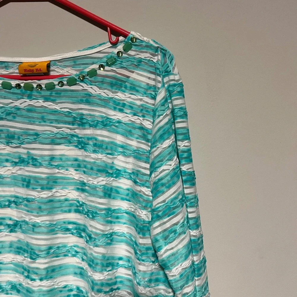 Ruby Rd Womens Top XL Blue White Striped Beaded Neck 3/4 Sleeve Tunic Layered - Picture 2 of 7